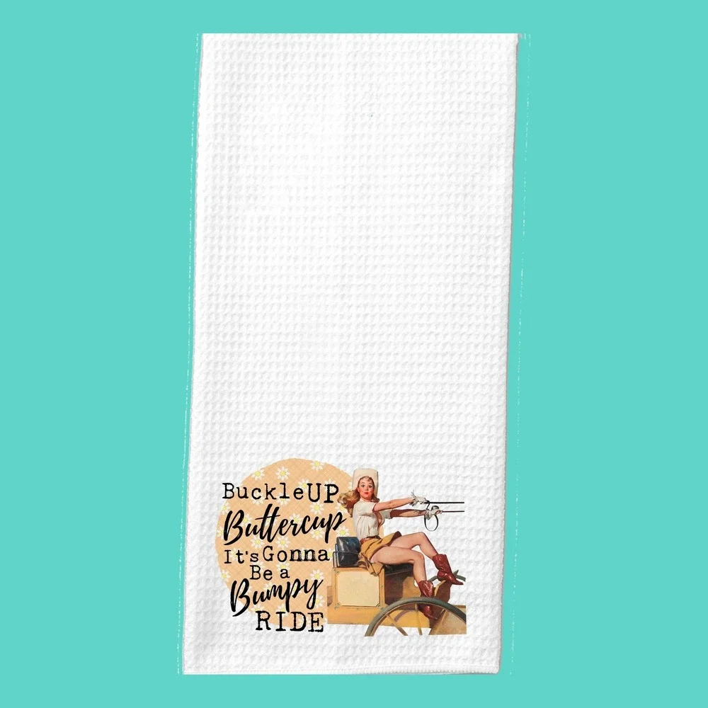 Vintage Pinup Waffle Weave Kitchen Towel Buckle Up Buttercup Bumpy Ride White